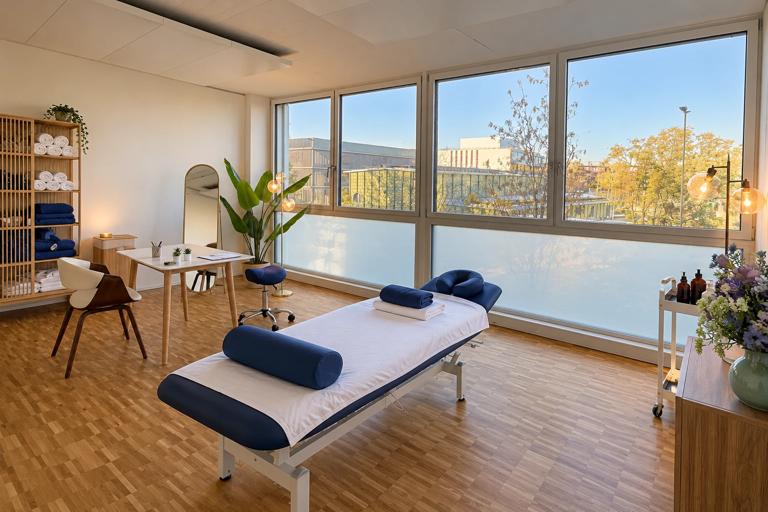 Behandlungsraum der Massagepraxis für Volketswil in Dübendorf mit Massageliege, Fensterfront und Handtuchregal