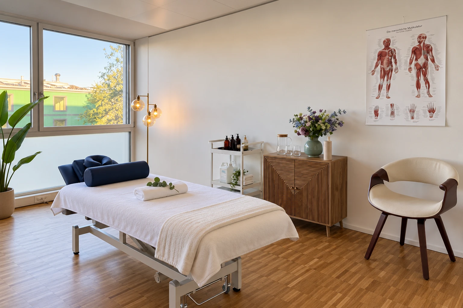 Massageliege, Sideboard und Anatomieposter in der Praxis für Volketswil am Giessenplatz in Dübendorf